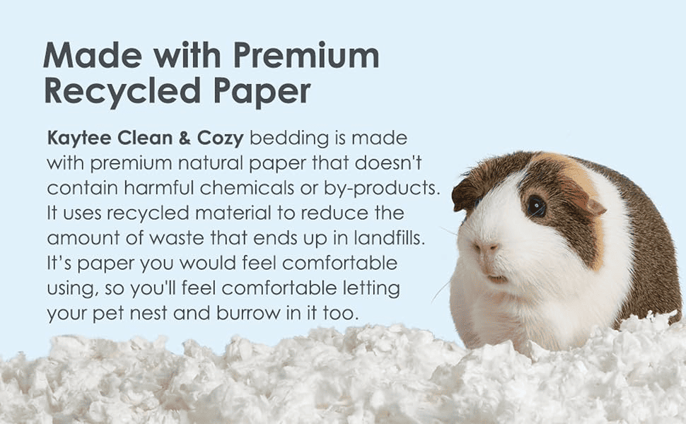 Kaytee Clean & Cozy recycled paper bedding shown with a guinea pig