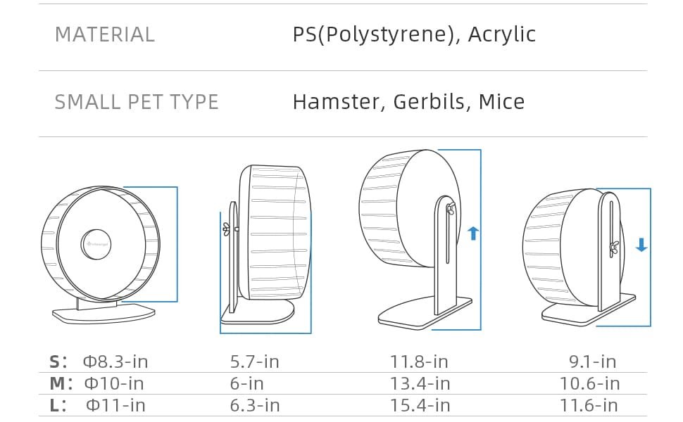 Niteangel hamster wheel dimensions for Small, Medium and Large sizes with adjustable stand heights